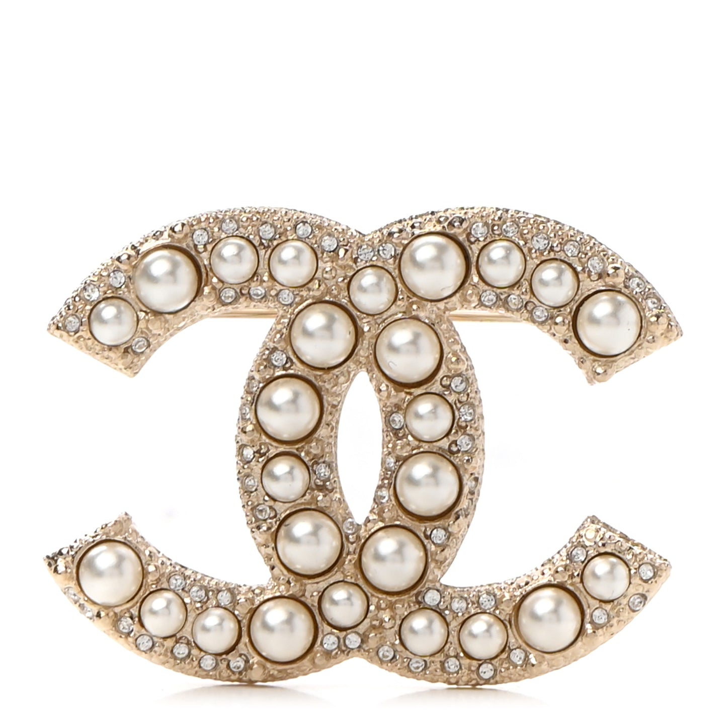 Metal Crystal Graduated Pearl CC Brooch Gold
