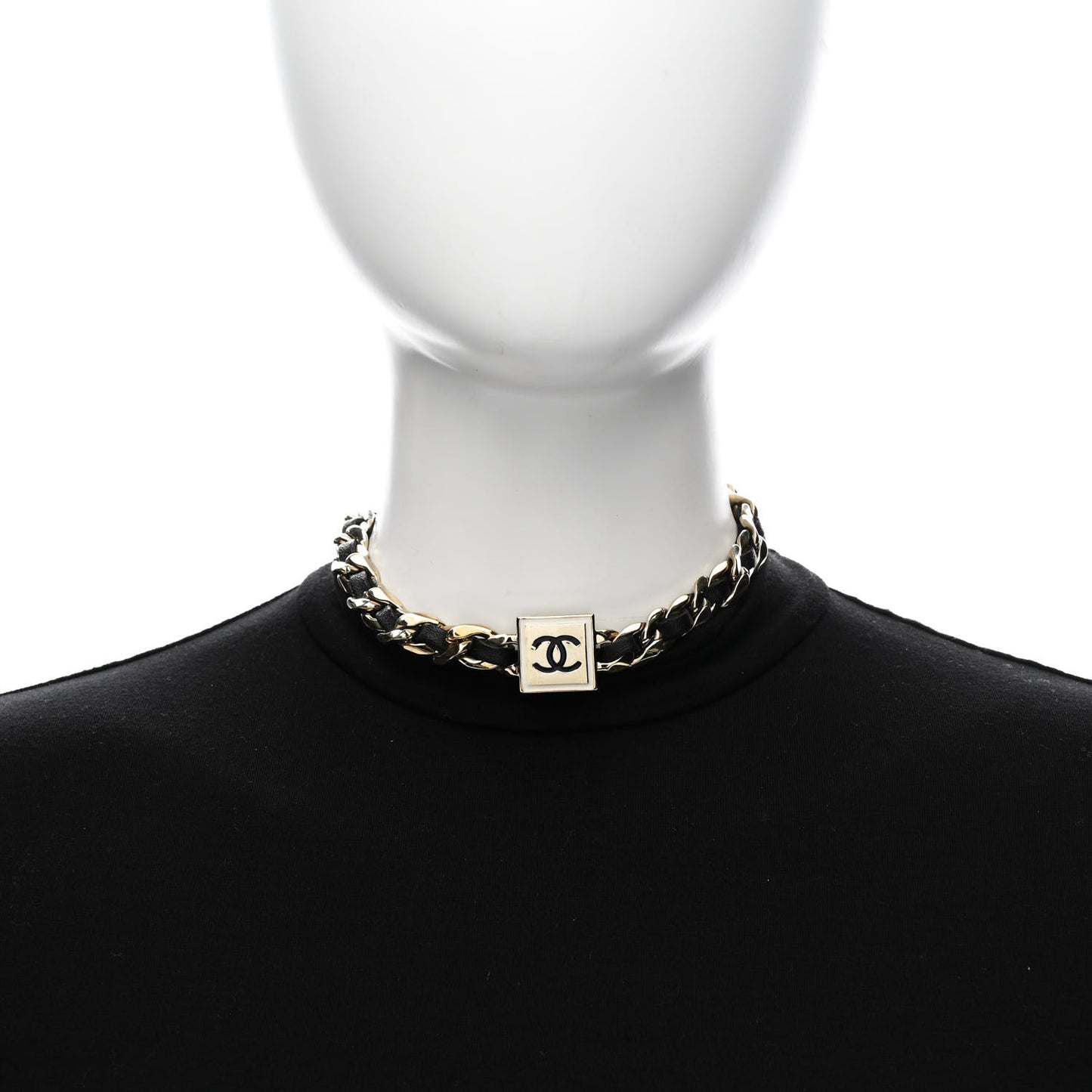 Metal Lambskin CC Square Choker Gold Black White