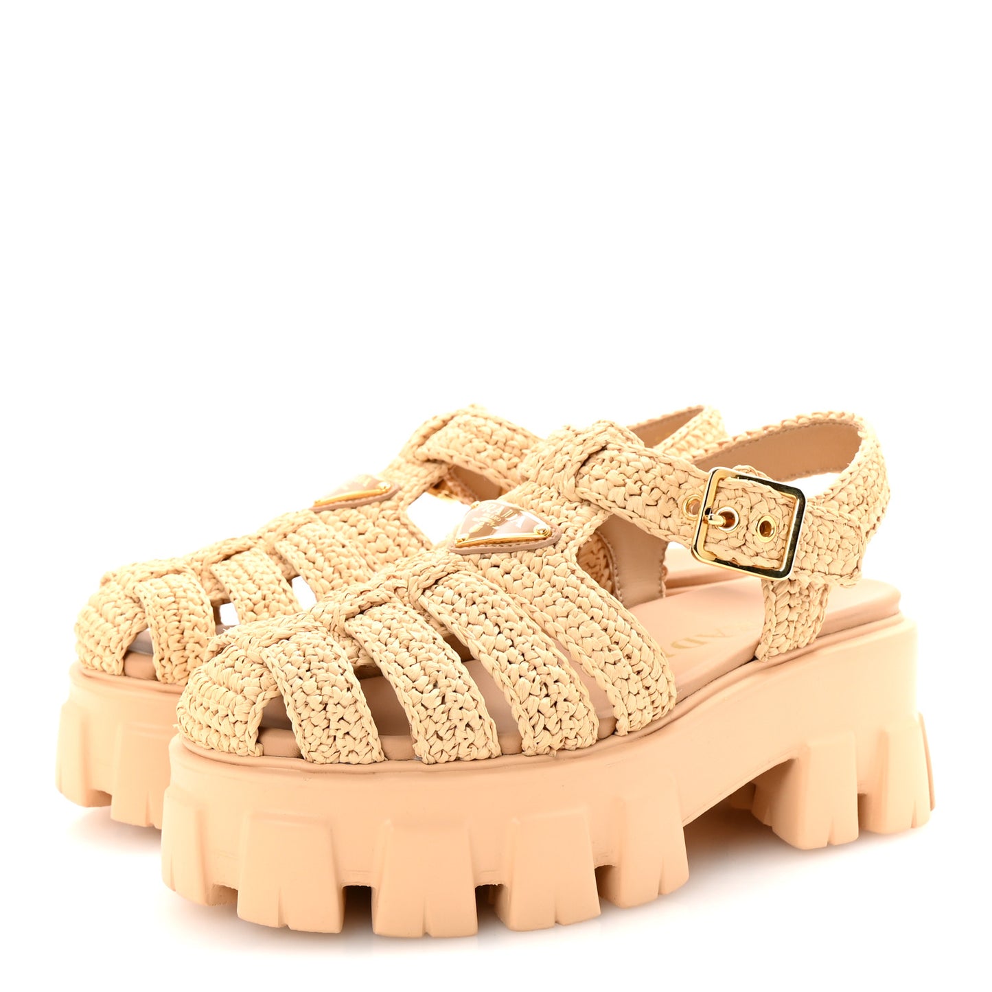 Yarn Raffia Effect Metal Triangle Logo Crochet Monolith 55mm Cage Sandals 35 Naturale