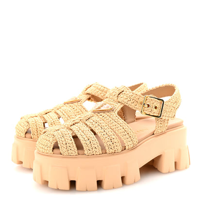 Prada Yarn Raffia Effect Metal Triangle Logo Crochet Monolith 55mm Cage Sandals 35 Naturale 4 of 10