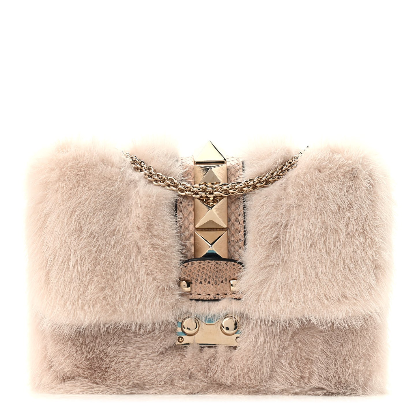 Mink Fur Snakesin Small Glam Lock Rockstud Flap Pink