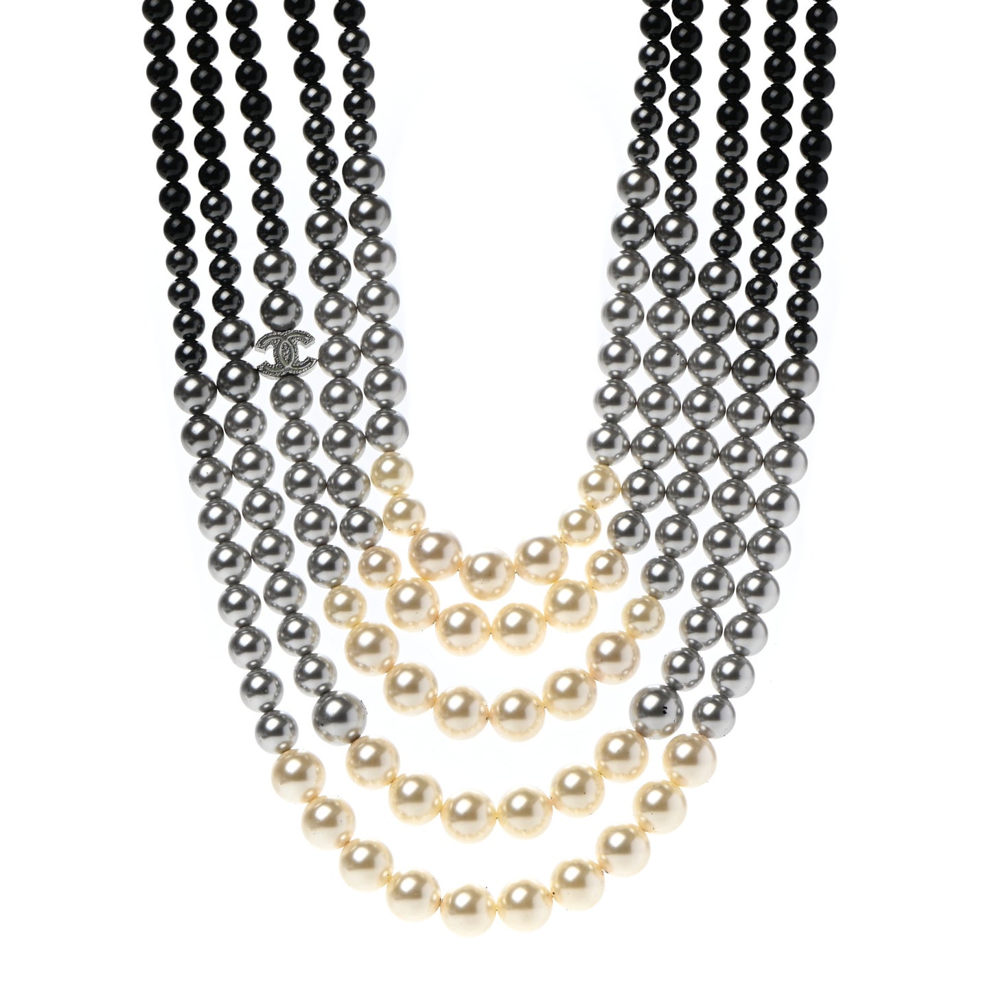 Graduated Pearl CC Multi Strand Short Necklace Ruthenium Grey Black