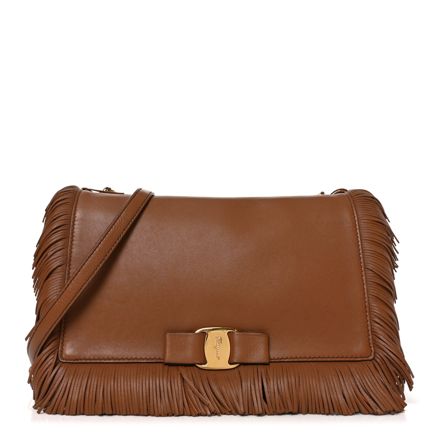 Salvatore Ferragamo Calfskin Fringe Vera Bow Crossbody Bag Brown 1 of 10