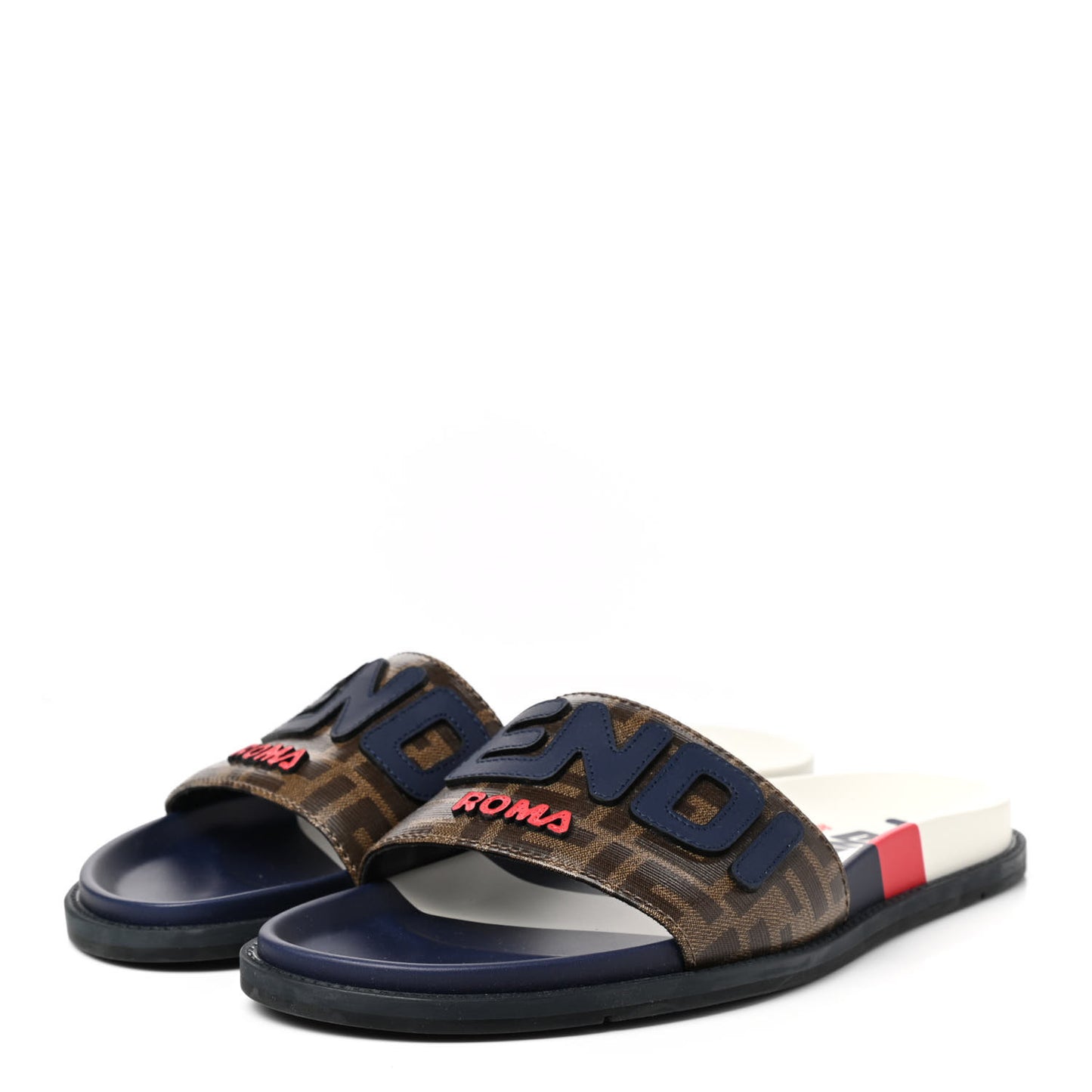 X FILA Glazed Fabric Calfskin FF 1974 Mania Slide Sandals 7 Mogano Panna Blueberry