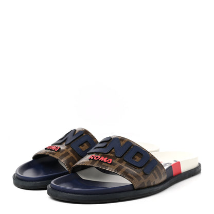 Fendi X FILA Glazed Fabric Calfskin FF 1974 Mania Slide Sandals 7 Mogano Panna Blueberry 3 of 8