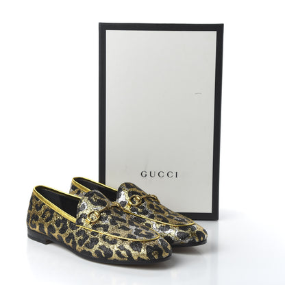 Gucci Jacquard Leopard Print Horsebit Womens Jordaan Loafers 38.5 Gold 9 of 10