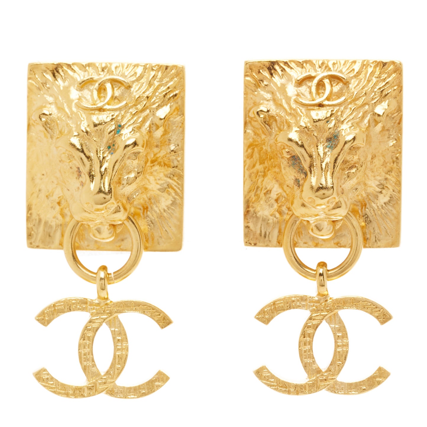 Metal CC Lion Earrings Gold