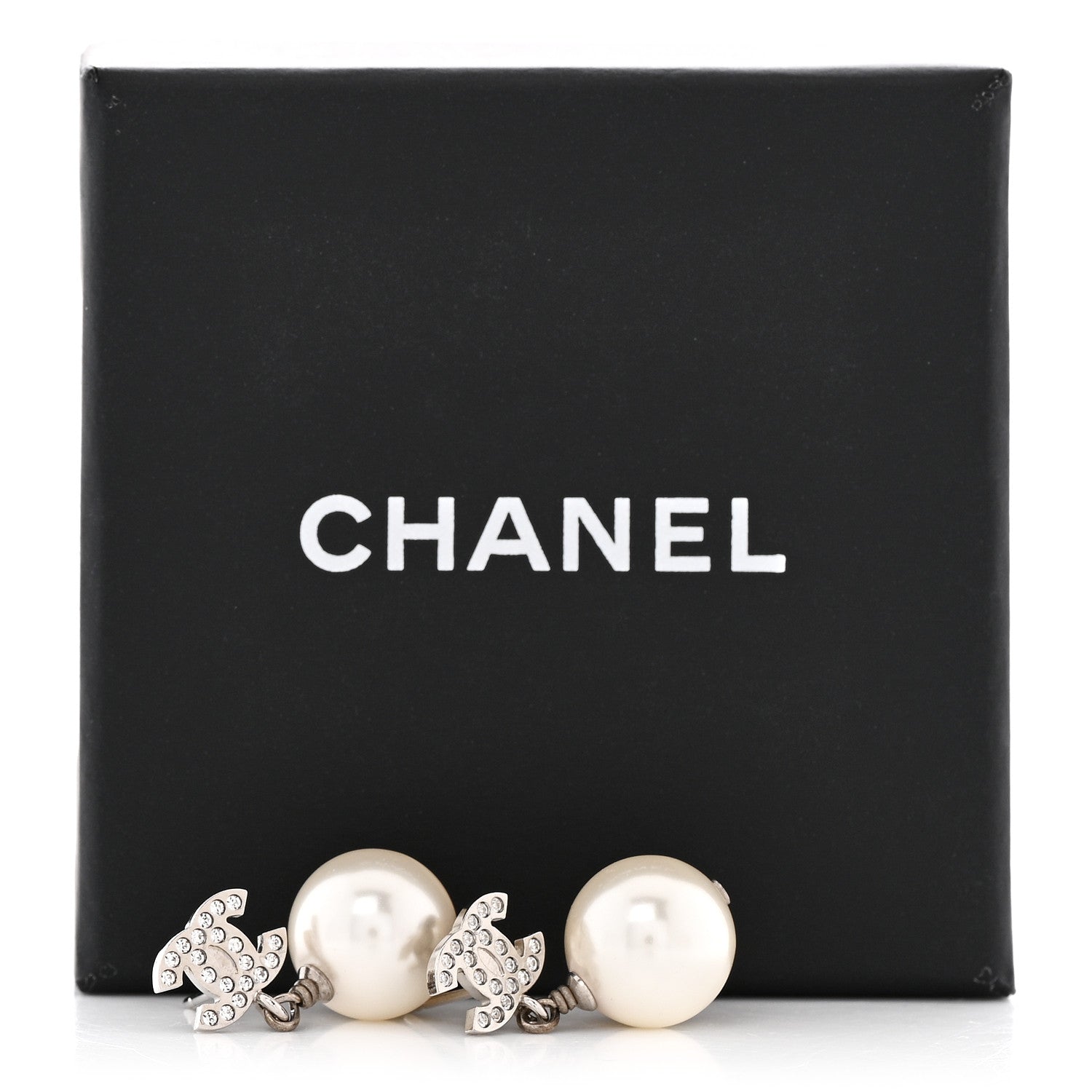 Chanel Crystal Pearl CC Drop Earrings Silver Pearly White 5 of 5