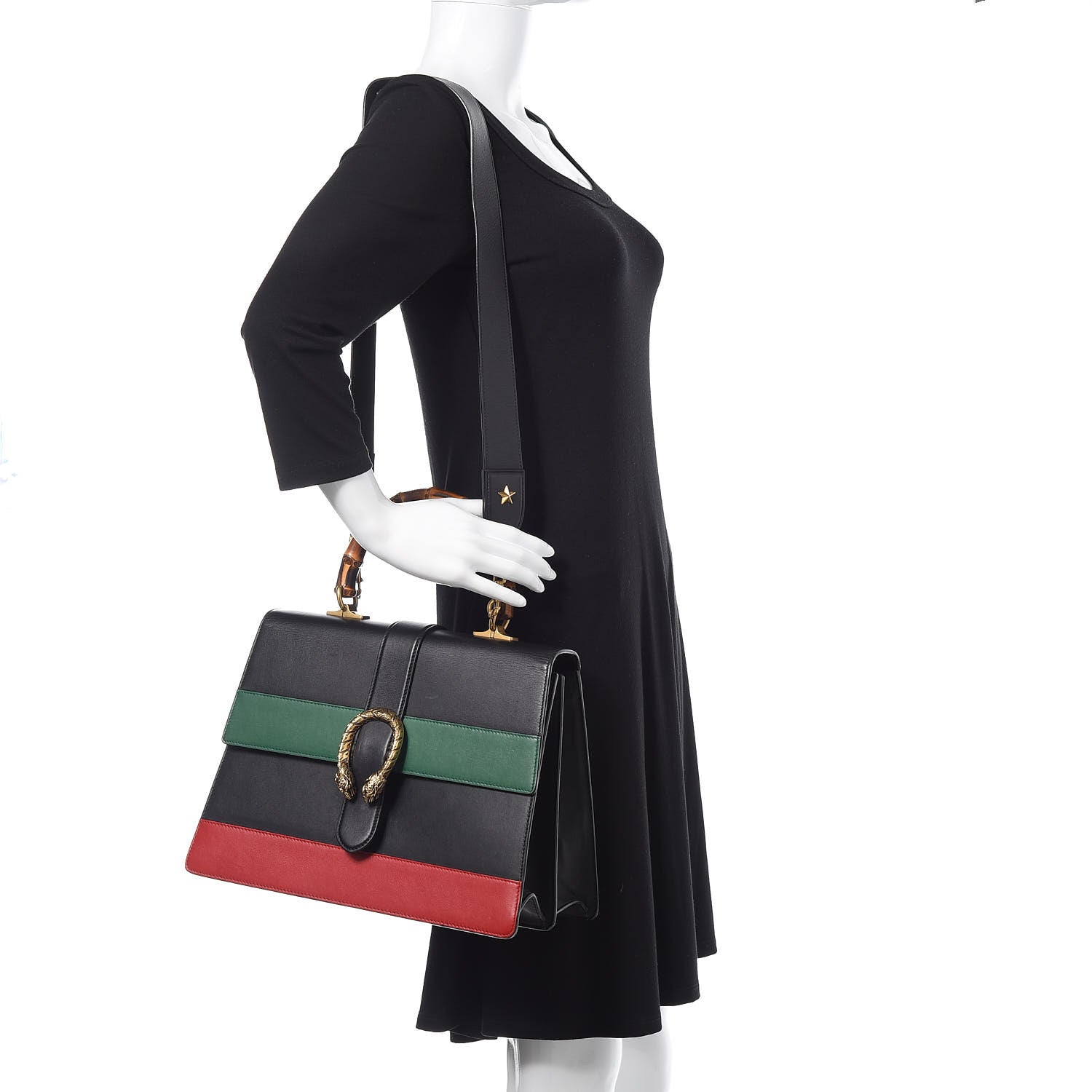 Gucci Calfskin Bamboo Web Large Dionysus Top Handle Bag Black Bright Evergreen Hibiscus Red 2 of 16