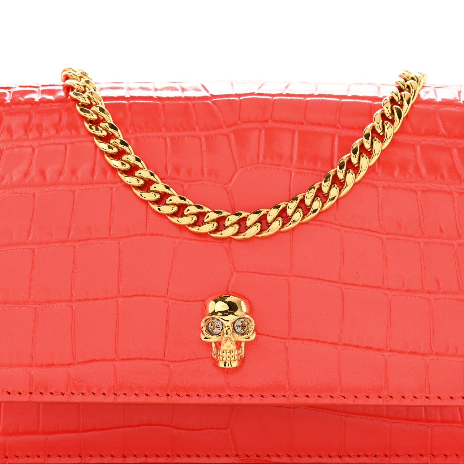 Alexander McQueen Calfskin Crocodile Embossed Skull Mini Crossbody Bag Coral 7 of 10