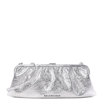 Balenciaga Metallic Textured Calfskin Logo XL Cloud Clutch Silver 1 of 10