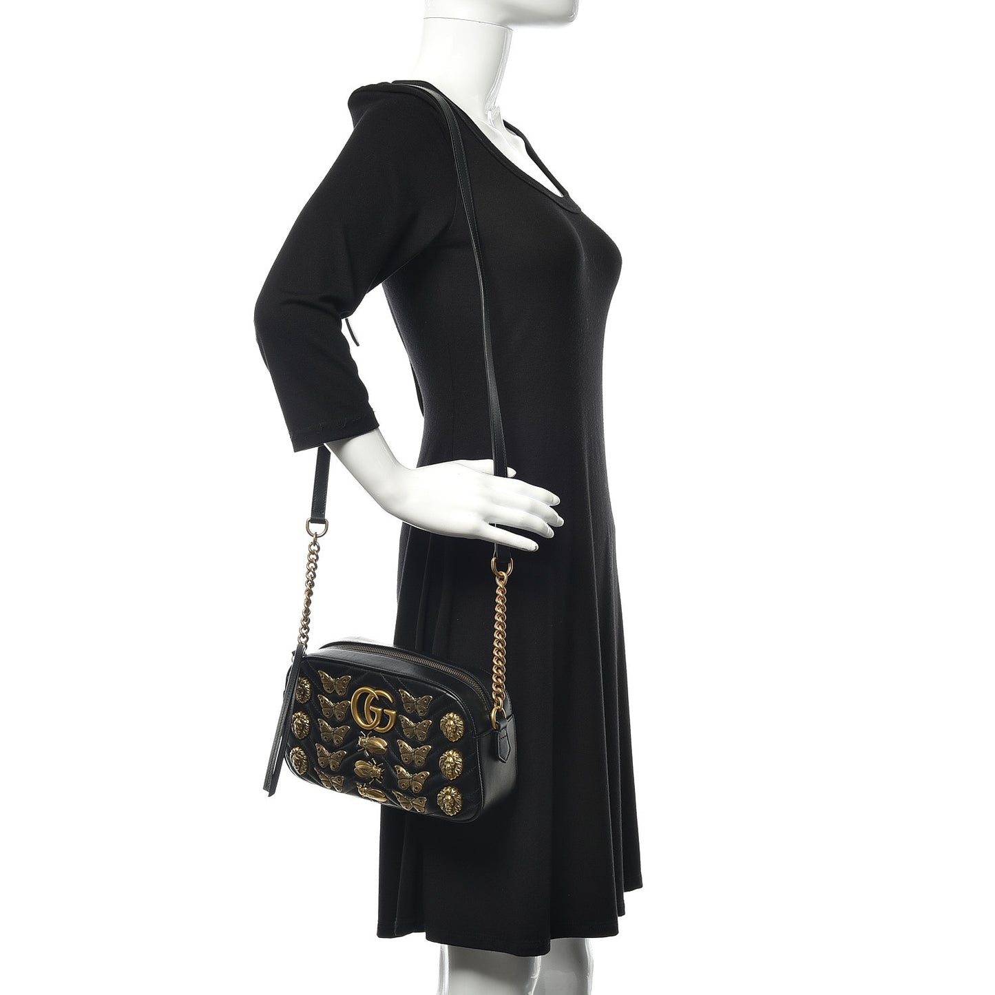 Calfskin Matelasse Animal Studs Small GG Marmont Chain Shoulder Bag Black