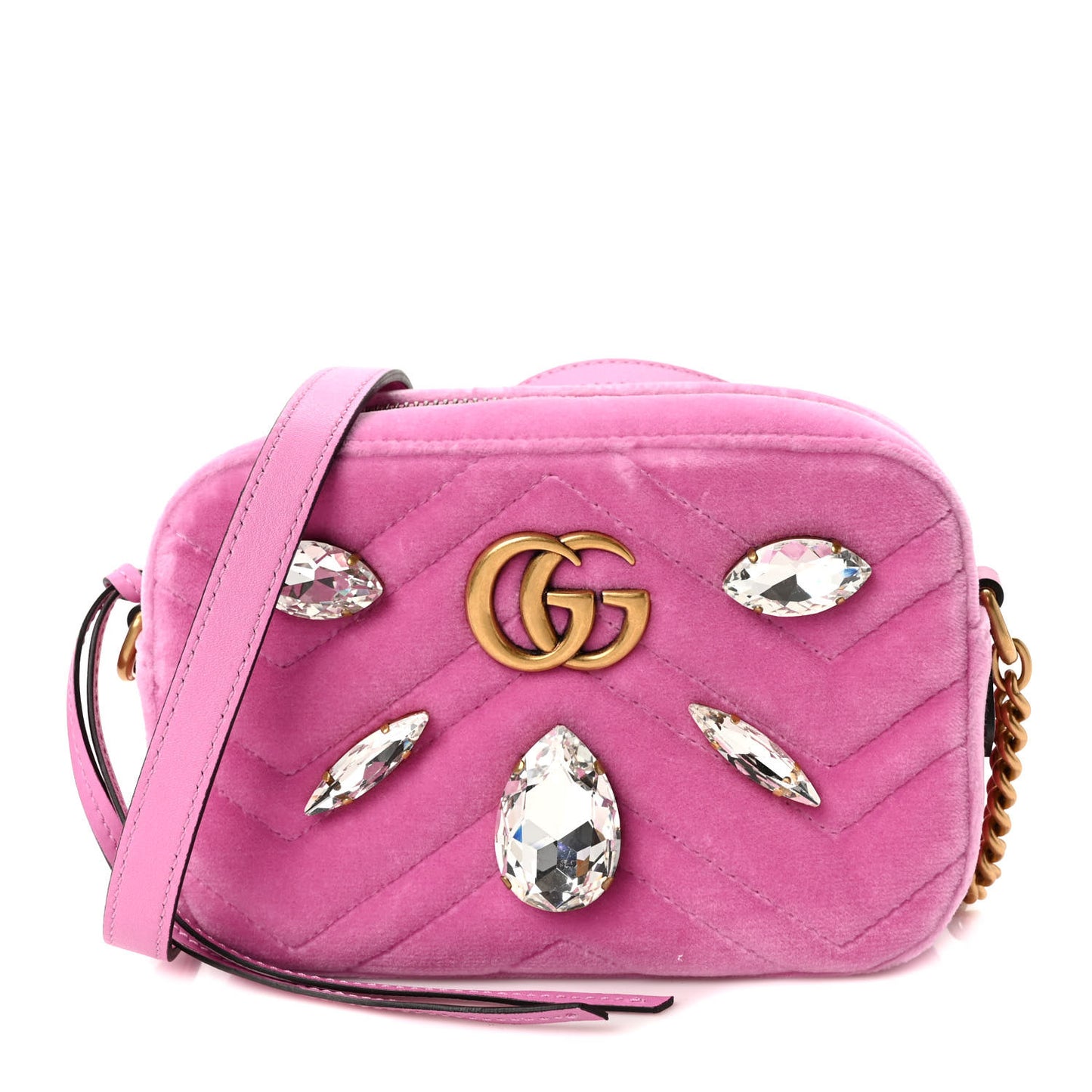 Velvet Matelasse Marquise Crystals Mini GG Marmont Chain Shoulder Bag Malva