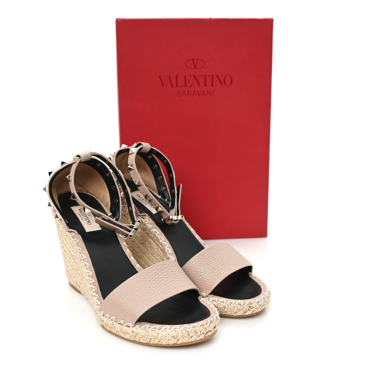 Valentino Garavani Grained Calfskin Rockstud Ankle Strap Espadrille 15/105mm Wedge Sandals 40 Poudre Natural 10 of 10