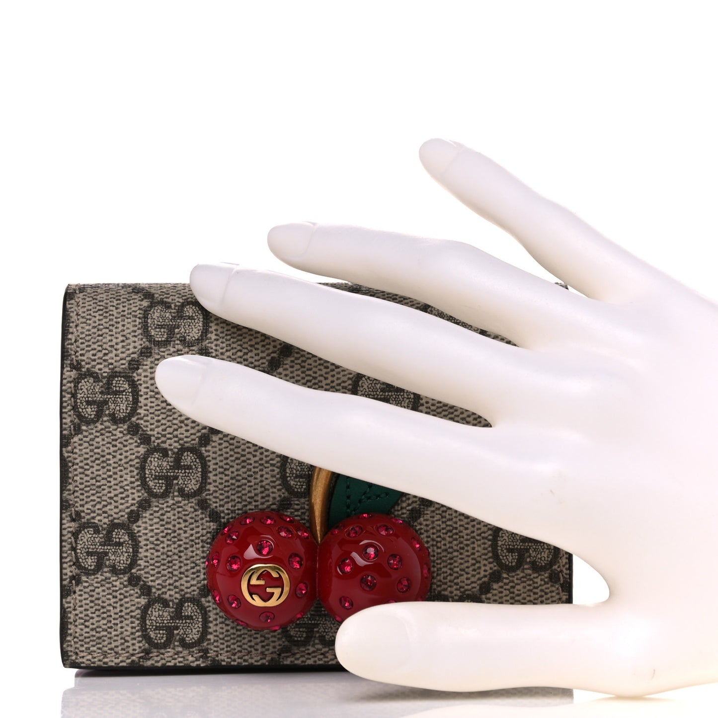 GG Supreme Monogram Cherry Embellished Card Case Wallet Hibiscus Red