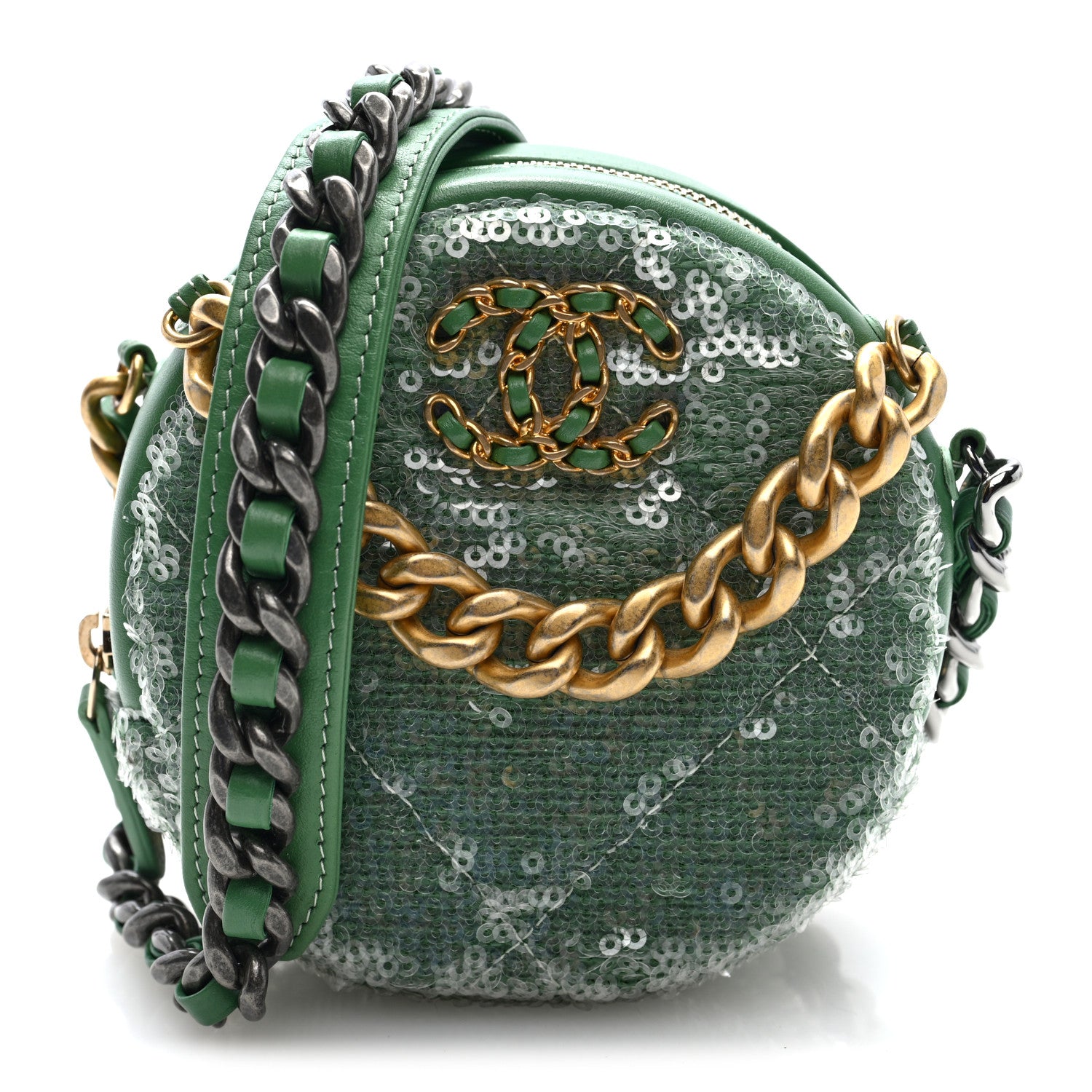 Chanel Sequin Chanel 19 Round Clutch With Chain Green Green 1 of 10