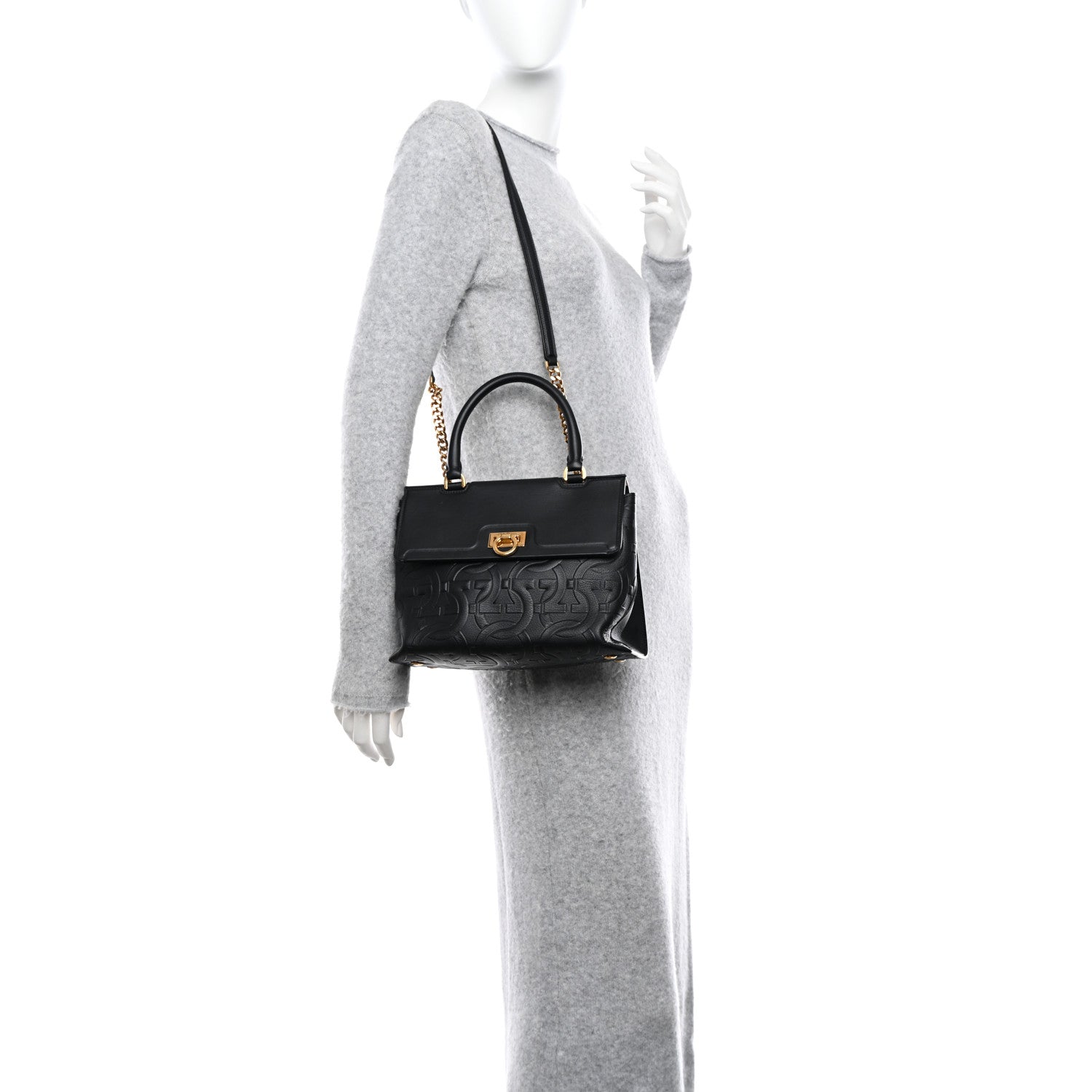 Salvatore Ferragamo Calfskin Gancini Embossed Trifolio Top Handle Bag Black 2 of 9
