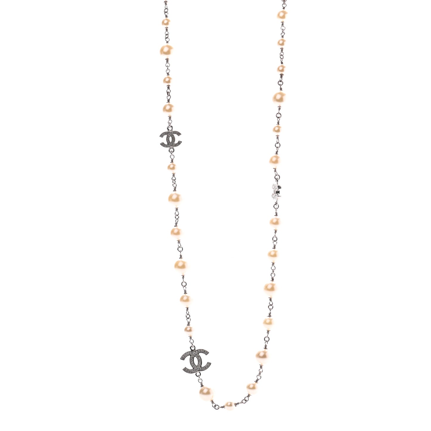 Crystal Pearl CC Long Necklace Silver