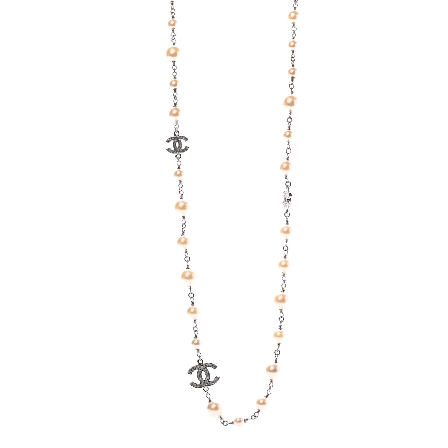 Chanel Crystal Pearl CC Long Necklace Silver 1 of 8