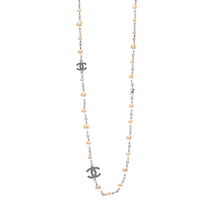 Chanel Crystal Pearl CC Long Necklace Silver 1 of 8
