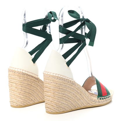 Gucci Canvas Malaga Kid Web Ankle Wrap Espadrille Wedge Sandals 40 Green Red Mystic White Emerald 4 of 11