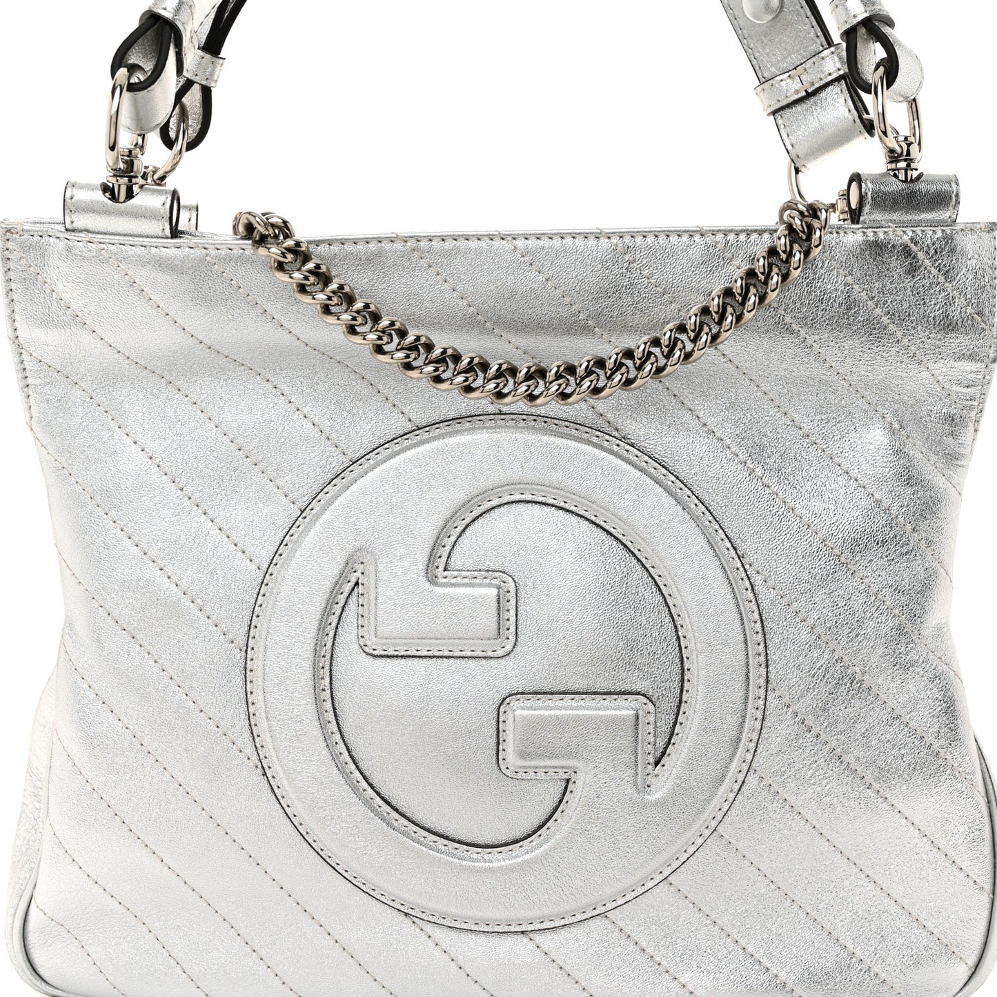 Sakai Be Green Calfskin Diagonal Stitched Small Blondie Tote Silver