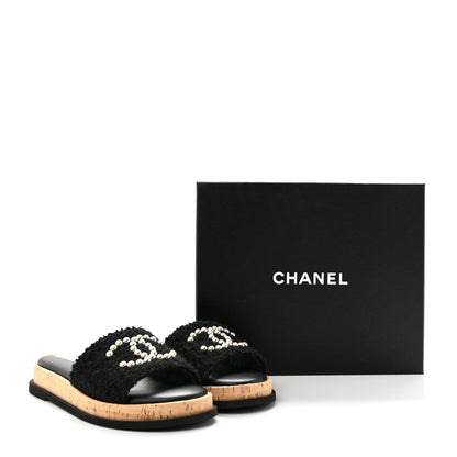 Chanel Fabric Pearl Cork CC Slip On Sandals 40 Black 10 of 10