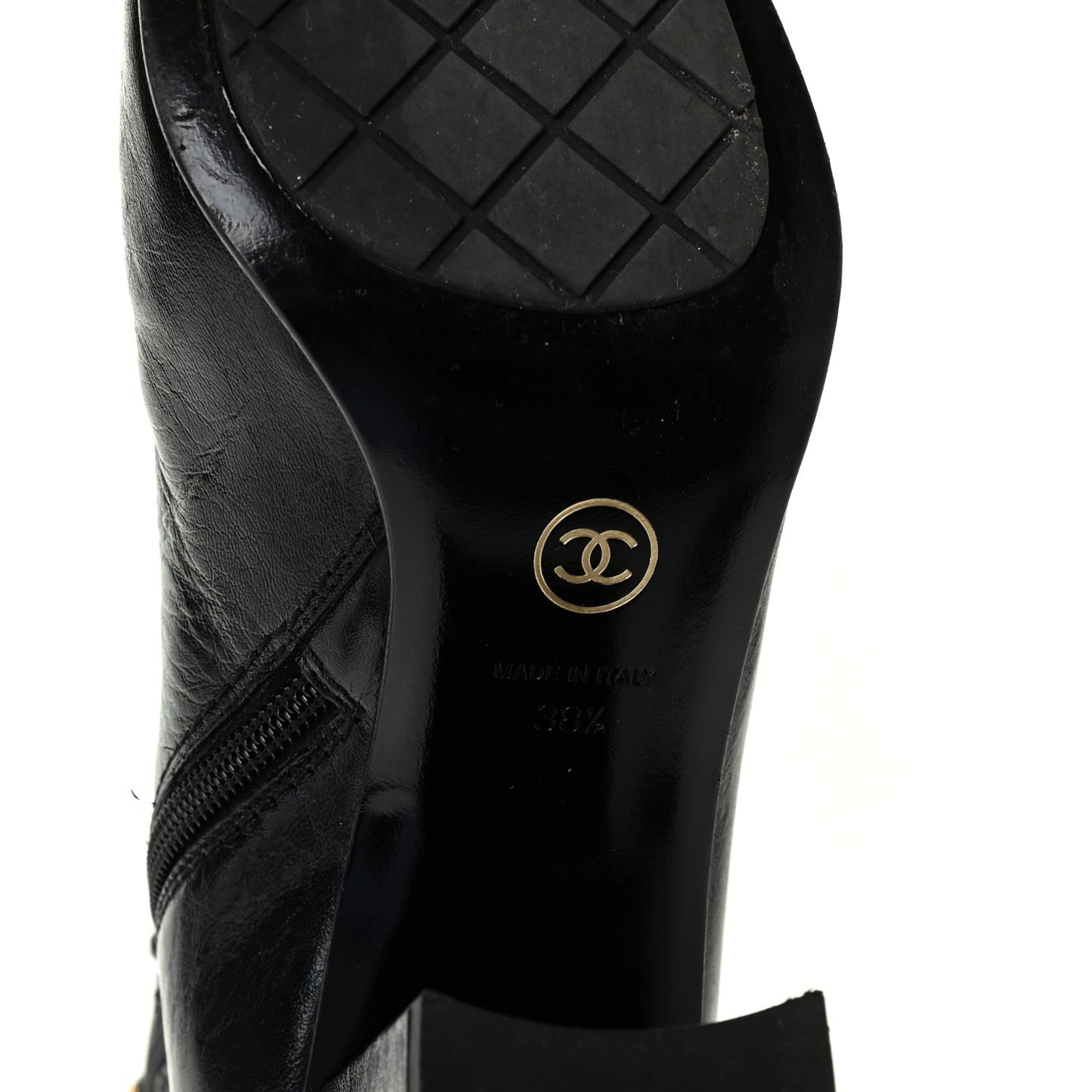 Crumpled Calfskin Cap Toe Chain Short Boots 38.5 Black