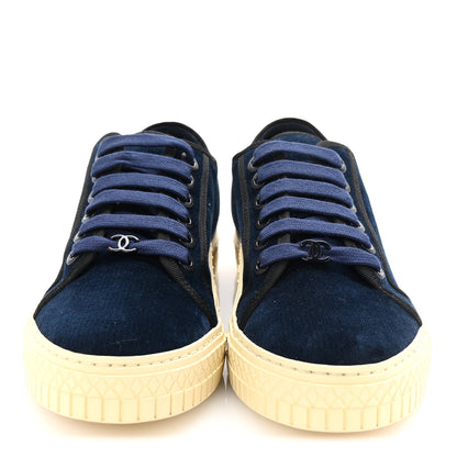 Chanel Crepe Suede Lace Up Sneakers 35.5 Navy 3 of 10