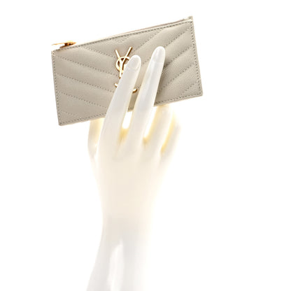 Saint Laurent Grain De Poudre Matelasse Chevron Monogram Fragments Zippered Card Case Crema Soft 2 of 7