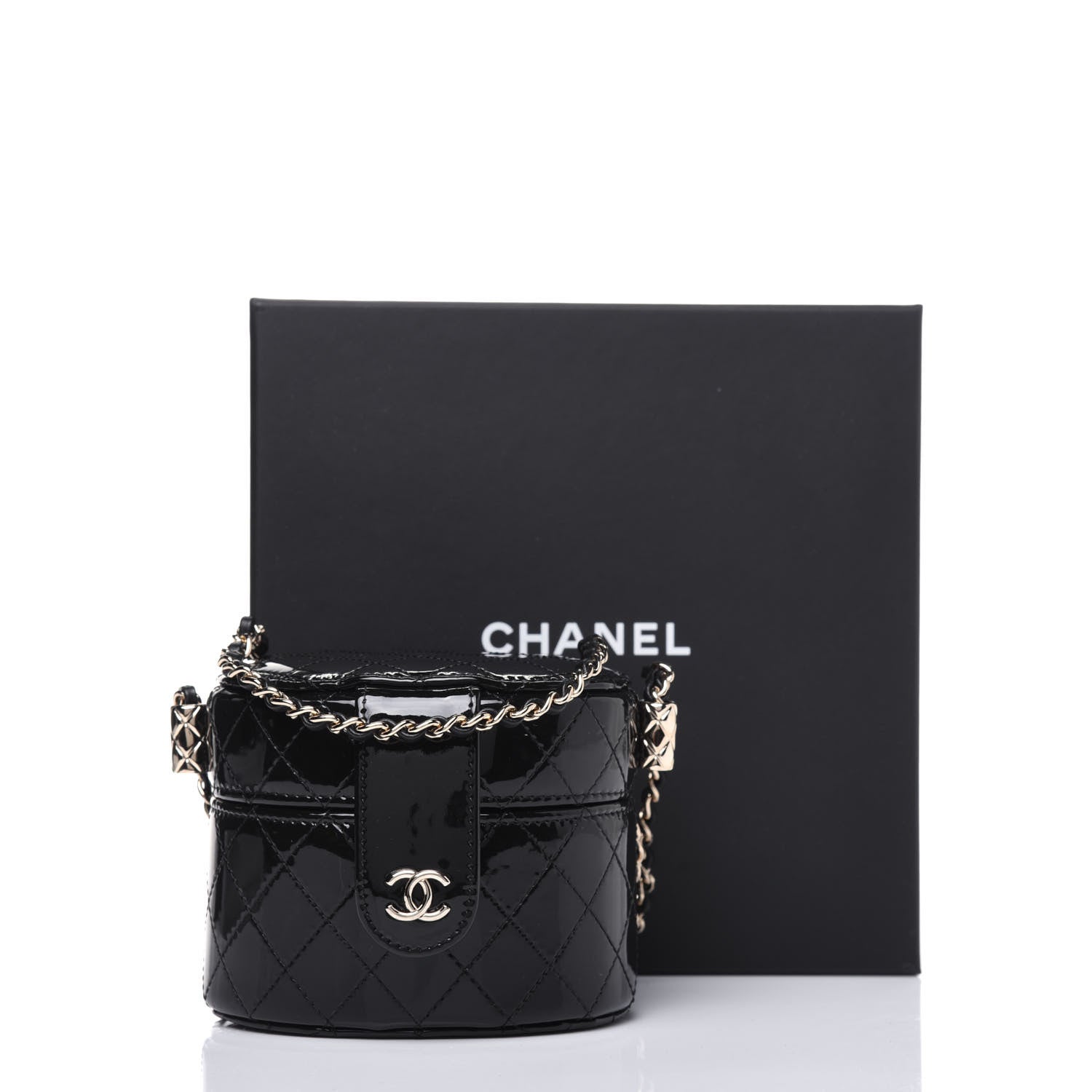 Chanel Patent Quilted Round Mini Vanity Case With Chain Black 12 of 12