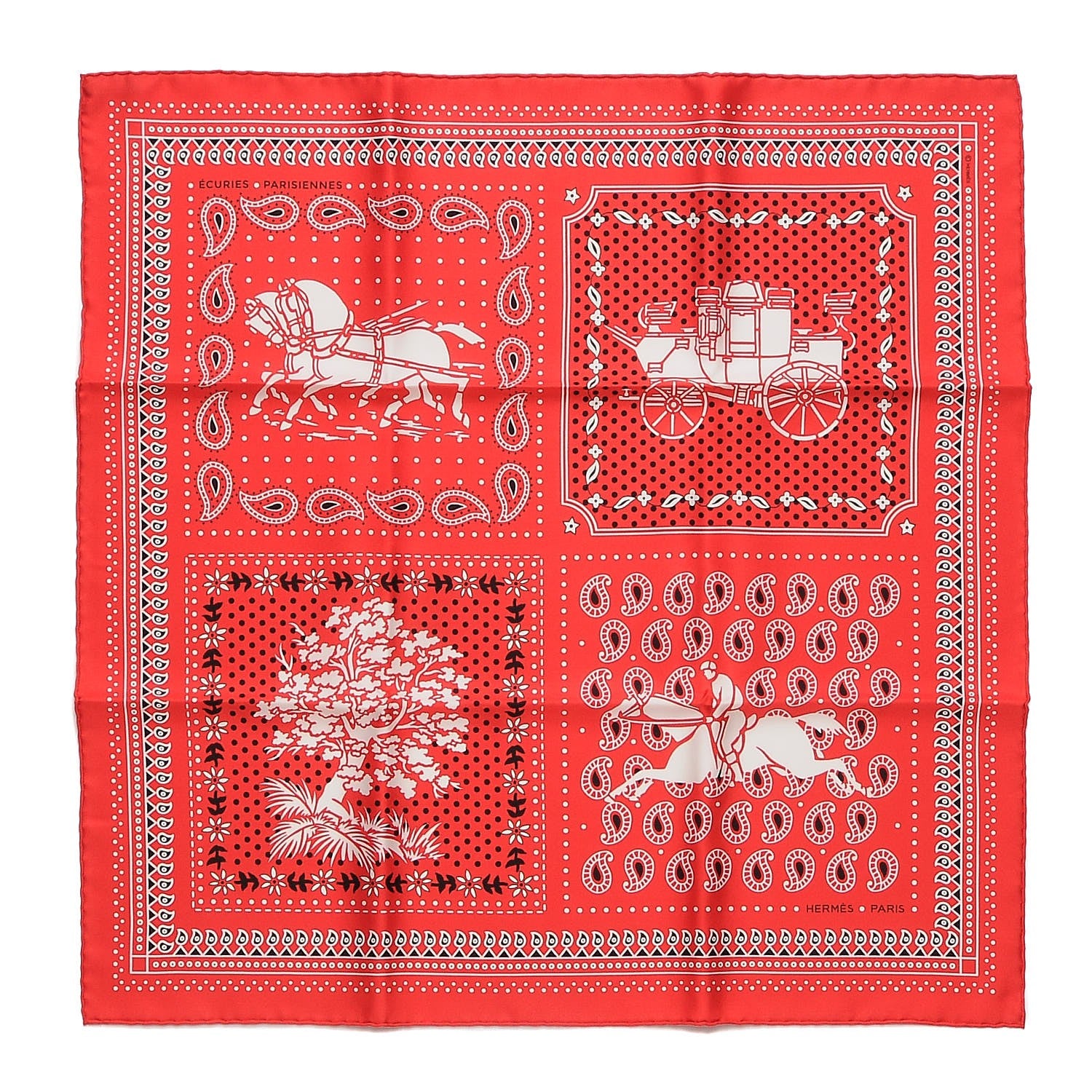 Hermes Silk Ecuries Parisiennes Bandana Scarf 55 Rouge Noir Blanc 1 of 5