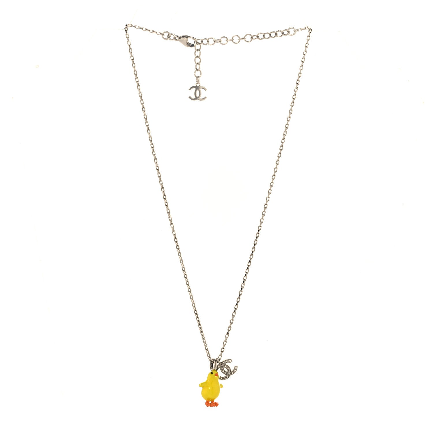 Chanel Metal Resin Strass Crystal CC Baby Chick Pendant Necklace Silver Yellow Orange 3 of 5