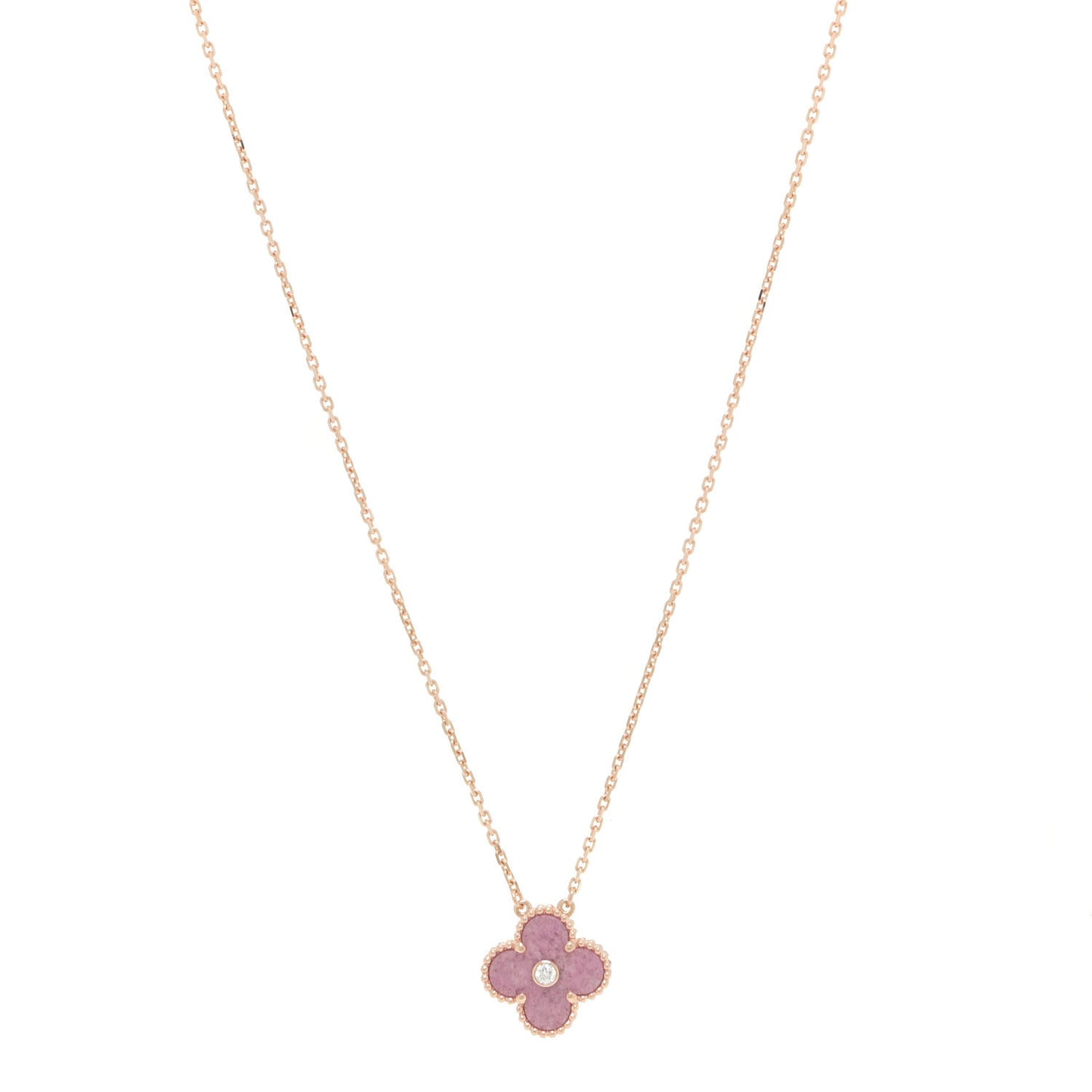 18K Rose Gold Diamond Rhodonite Vintage Alhambra Pendant Necklace