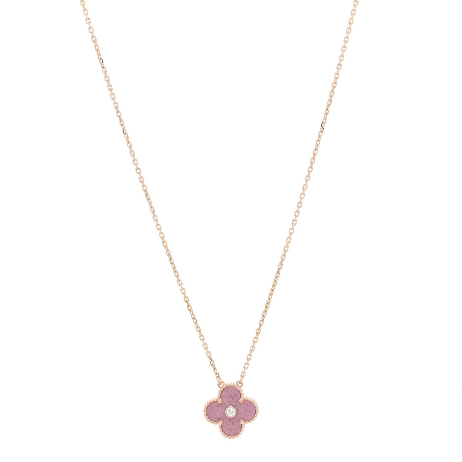 Van Cleef & Arpels 18K Rose Gold Diamond Rhodonite Vintage Alhambra Pendant Necklace 1 of 6