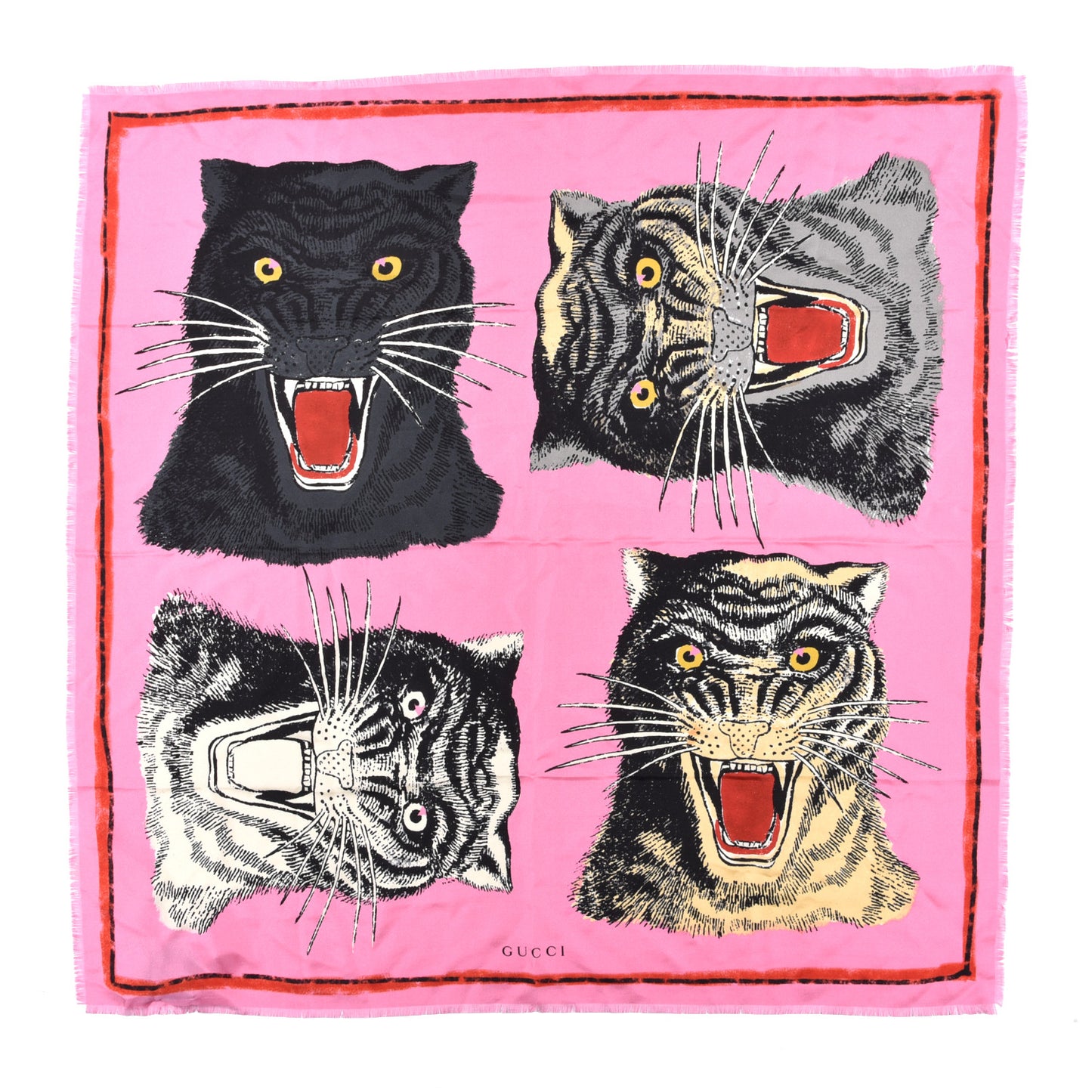 Silk Tiger Face Print Square Scarf Pink