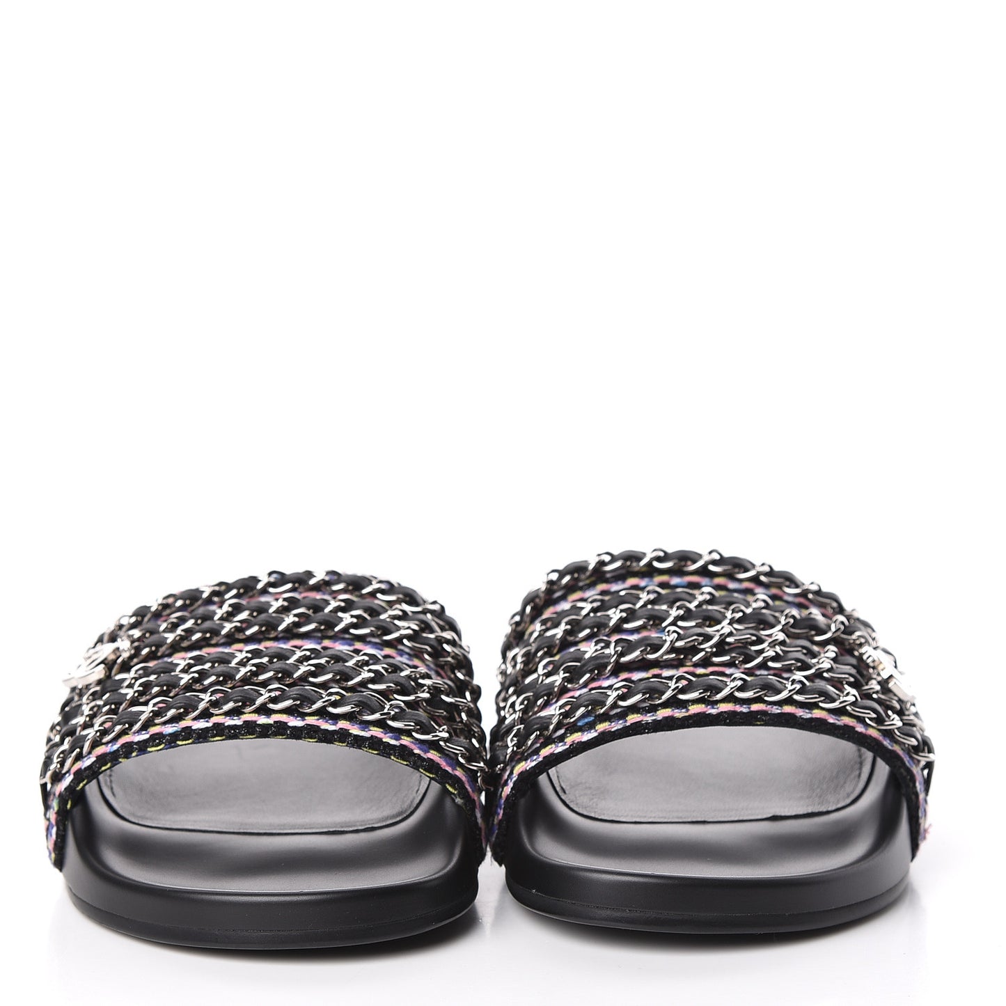 Tweed Lambskin Chain Flat Sandals 38 Black Multicolor