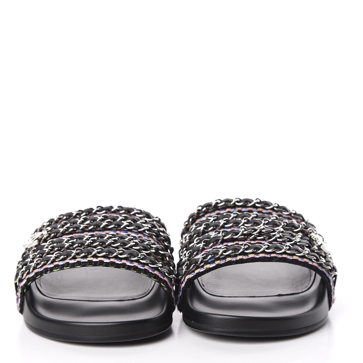 Chanel Tweed Lambskin Chain Flat Sandals 38 Black Multicolor 3 of 10