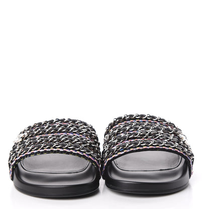 Chanel Tweed Lambskin Chain Flat Sandals 38 Black Multicolor 3 of 10