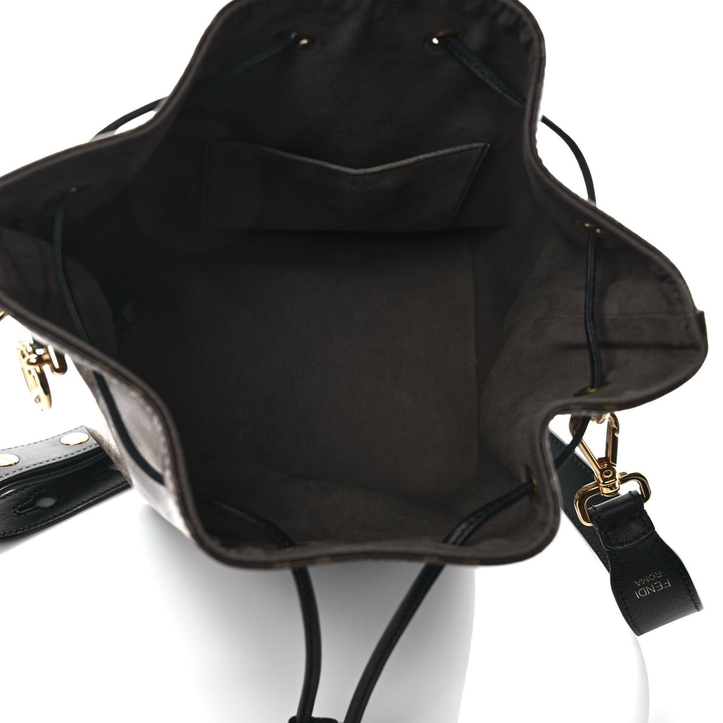 Glazed Fabric Vitello Grace F is Fendi FF 1974 Stamp Patch Grande Mon Tresor Bucket Bag Mogano Panna Black