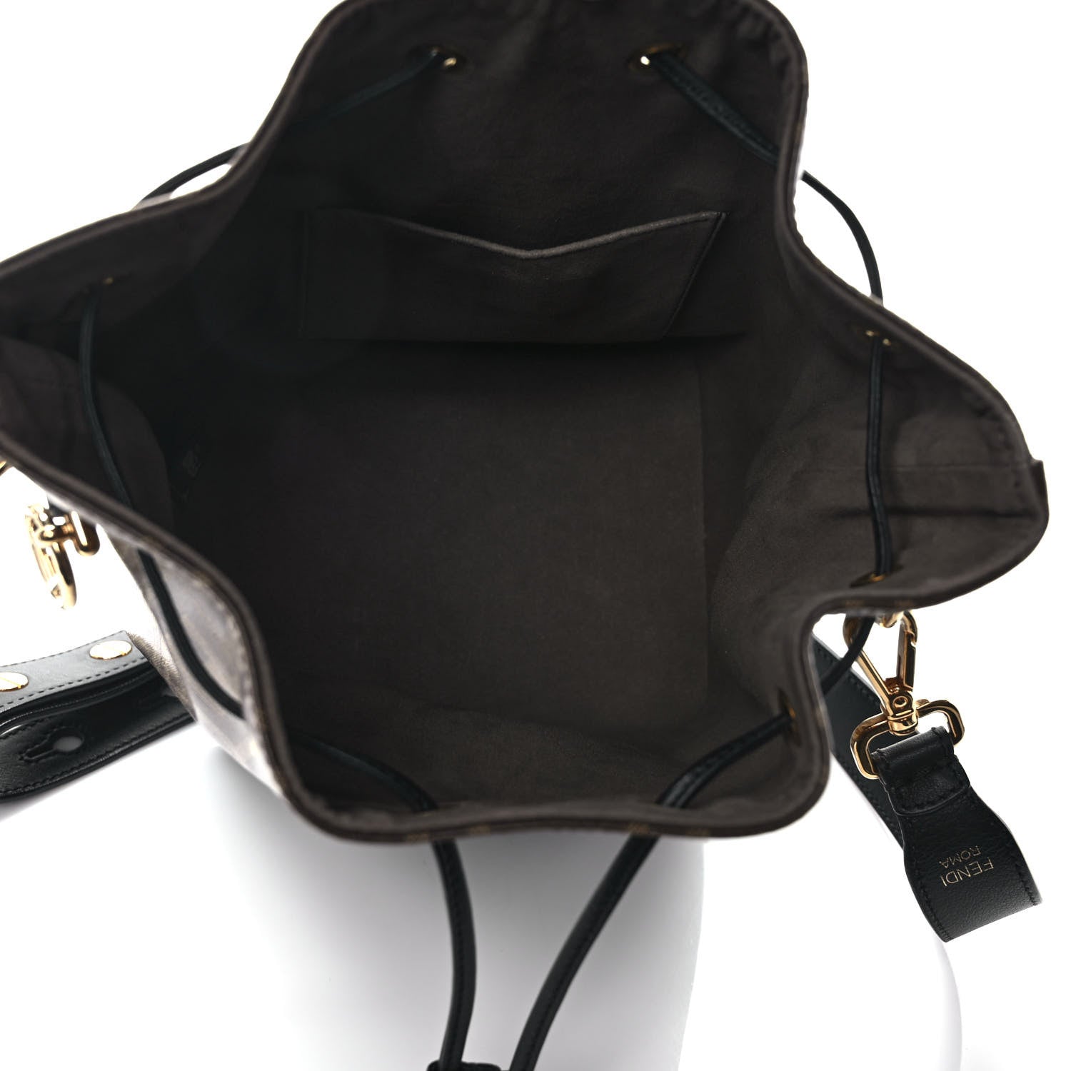 Fendi Glazed Fabric Vitello Grace F is Fendi FF 1974 Stamp Patch Grande Mon Tresor Bucket Bag Mogano Panna Black 5 of 7