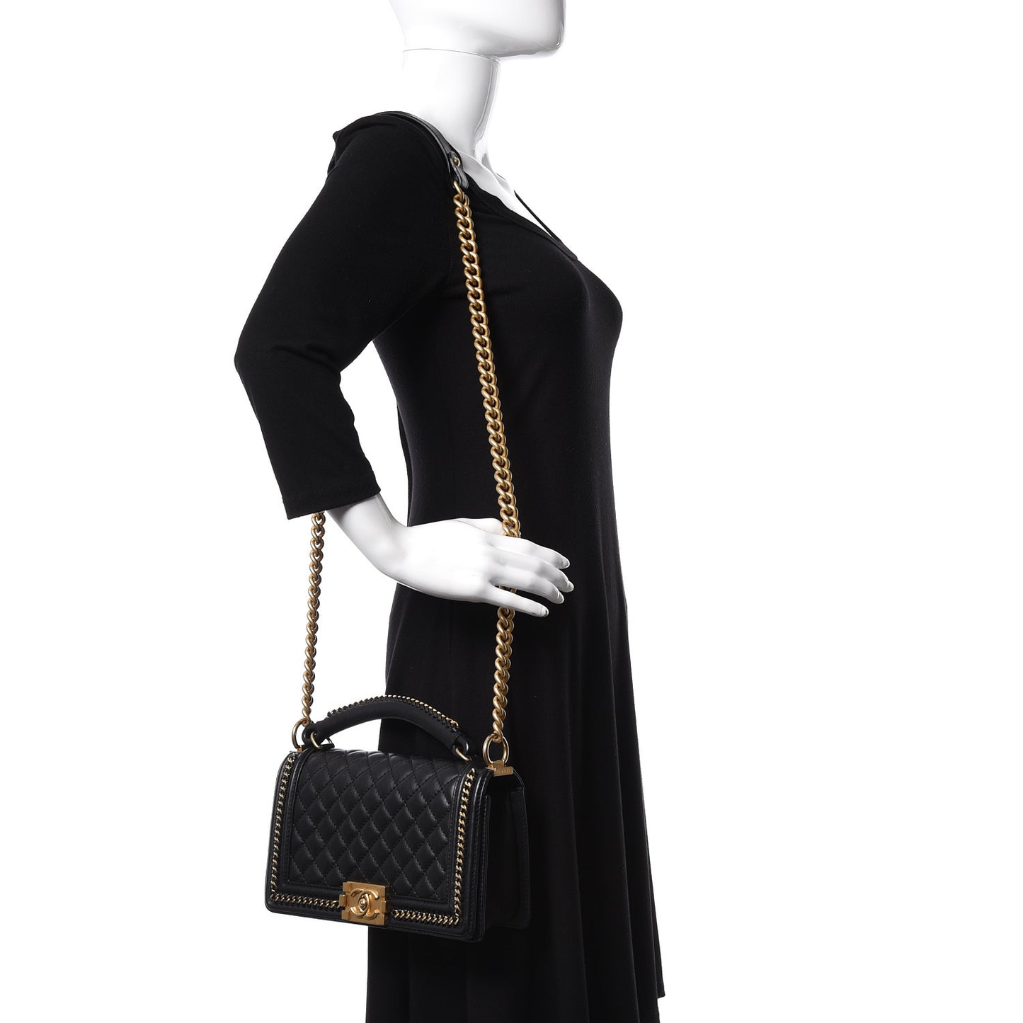 Calfskin Quilted Medium Boy Top Handle Flap Black