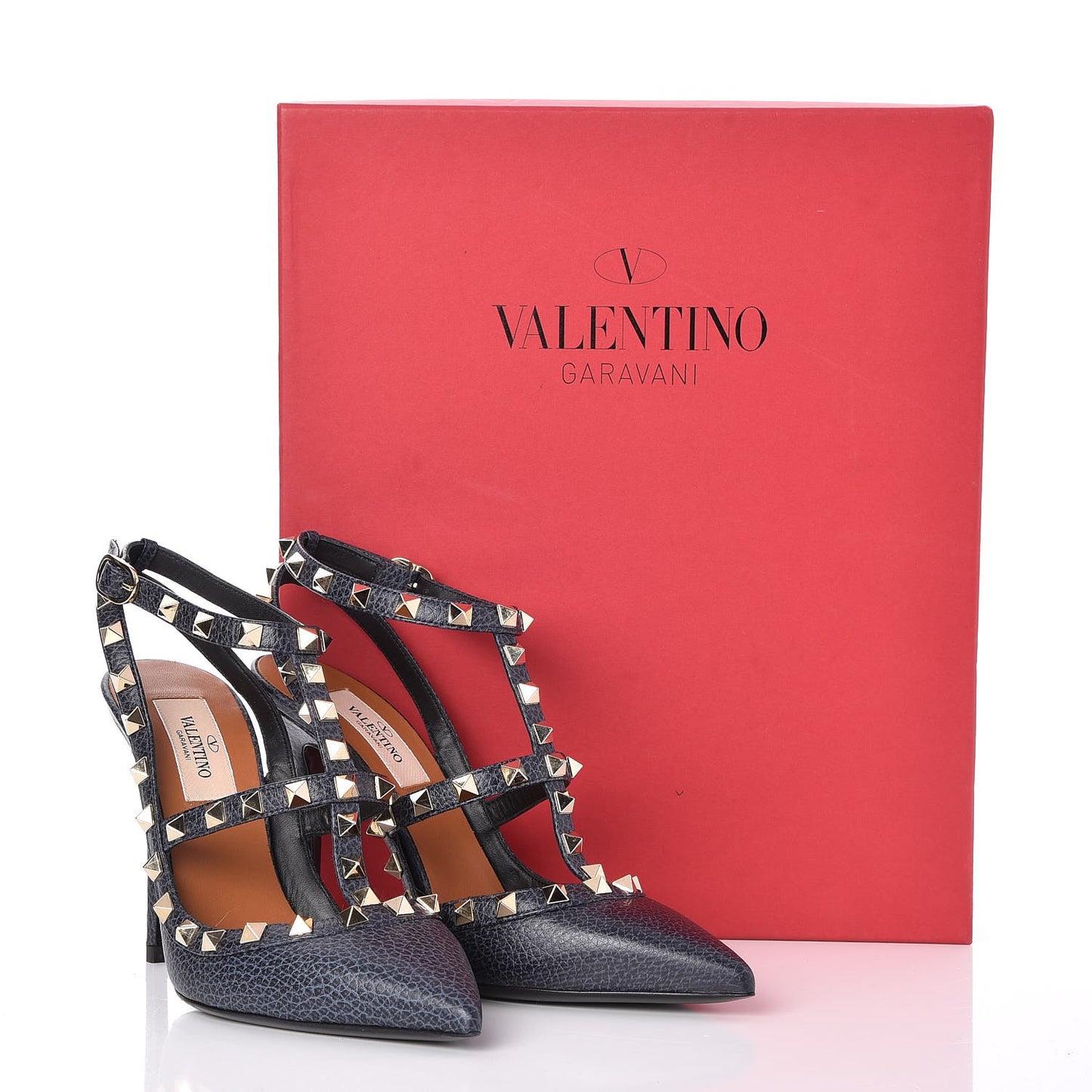 Pebbled Calfskin Rockstud Ankle Strap 100mm Pumps 36 Deep Denim