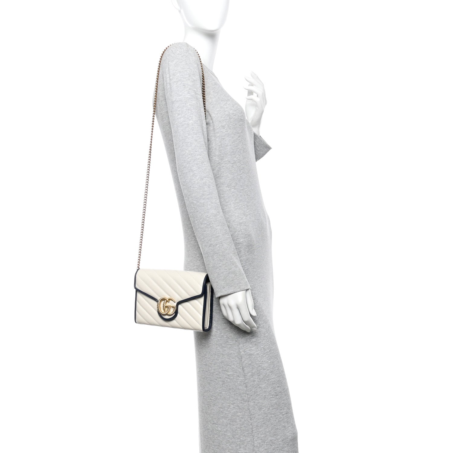 Gucci Vintage Effect Calfskin Matelasse Diagonal Torchon GG Marmont Chain Wallet Mystic White Blue Agata 2 of 10