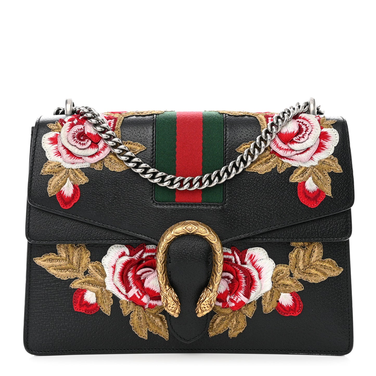 Calfskin Web Floral Embroidered Medium Dionysus Shoulder Bag Black