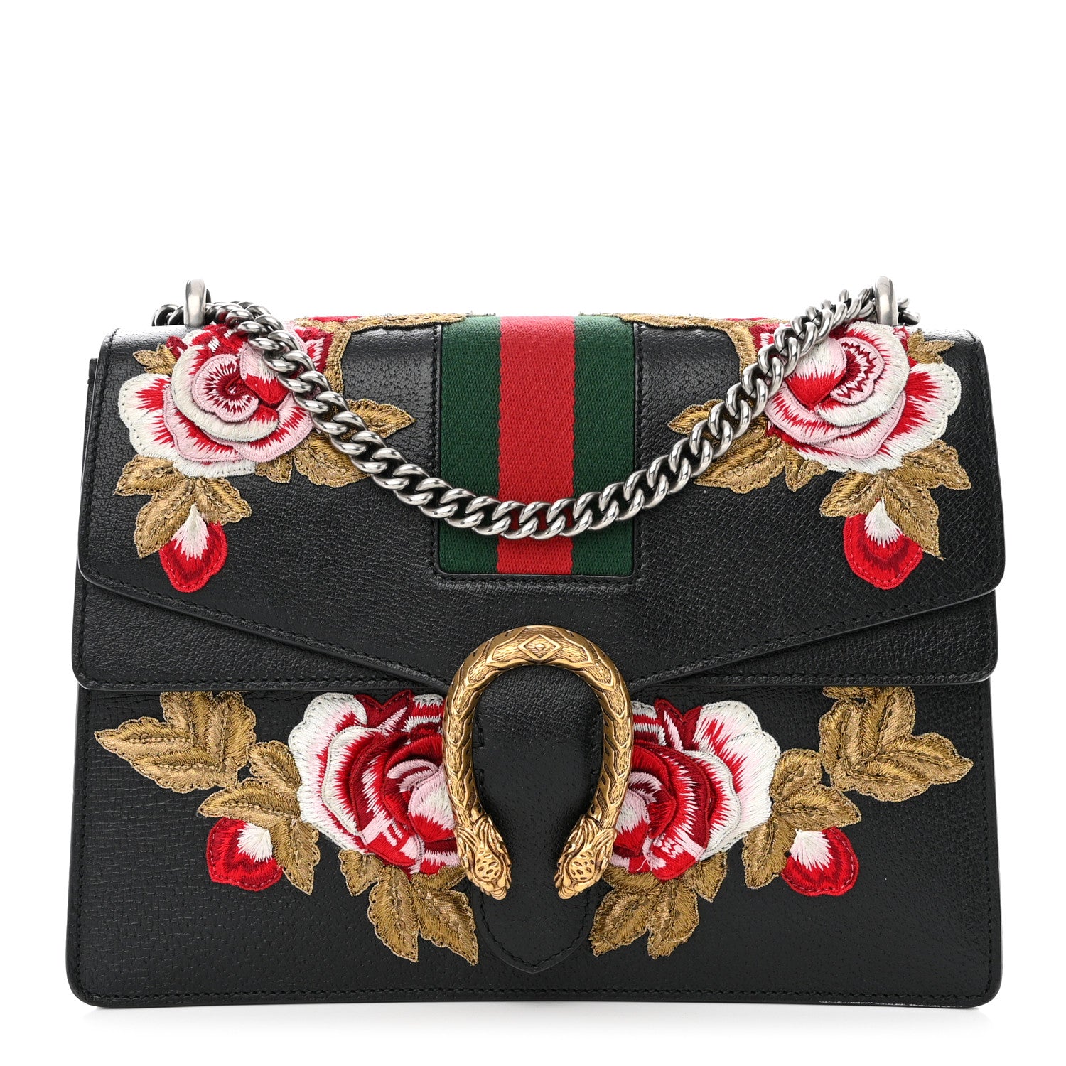 Gucci Calfskin Web Floral Embroidered Medium Dionysus Shoulder Bag Black 1 of 12