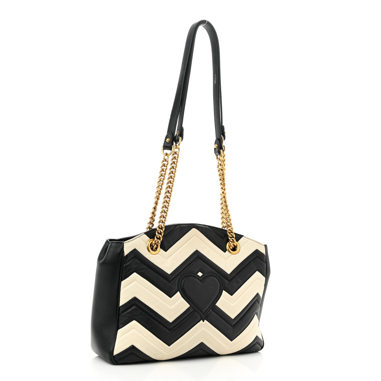 Gucci Calfskin Matelasse Medium GG Marmont Open Top Shoulder Bag Black White 3 of 12