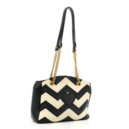 Gucci Calfskin Matelasse Medium GG Marmont Open Top Shoulder Bag Black White 3 of 12