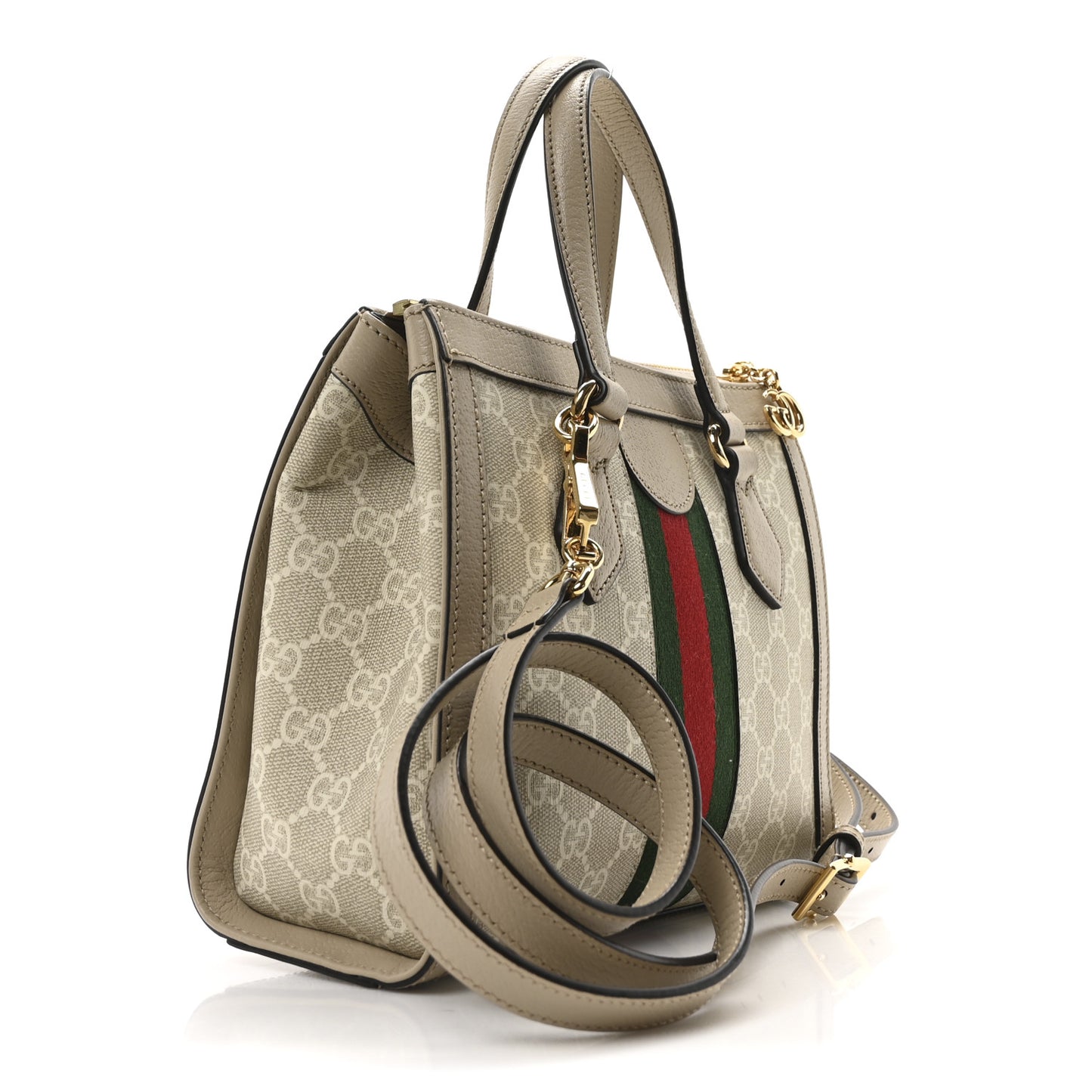 GG Supreme Monogram Textured Dollar Calfskin Web Small Ophidia Tote Bag Beige Mystic White Oatmeal