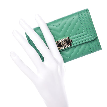 Chanel Lambskin Chevron Quilted Boy Card Holder Wallet Green 2 of 13